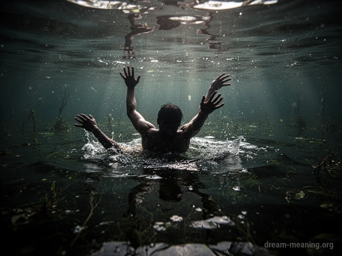 Silhouette of a person submerged in dark water, reaching upwards.