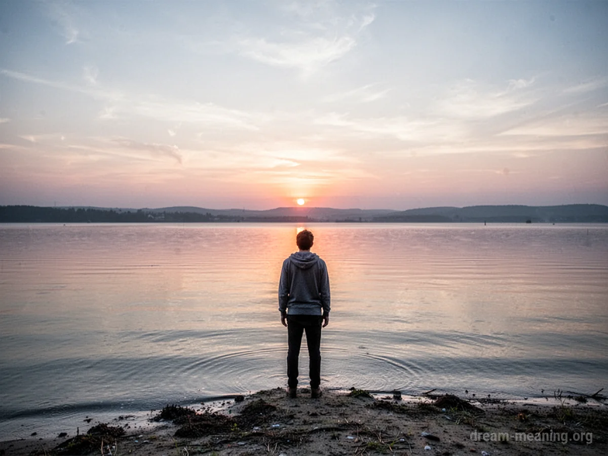Silhouette of a person standing on a shore with water in front of them.