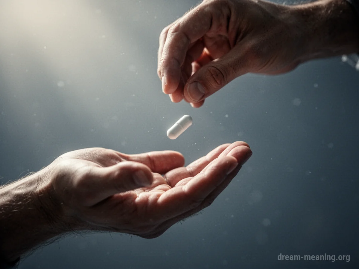 A solitary pill drops from an open palm against a dark, expansive backdrop.