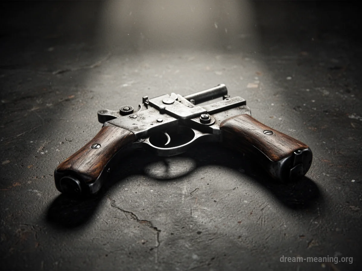 A firearm lying on a dark surface with dramatic lighting.