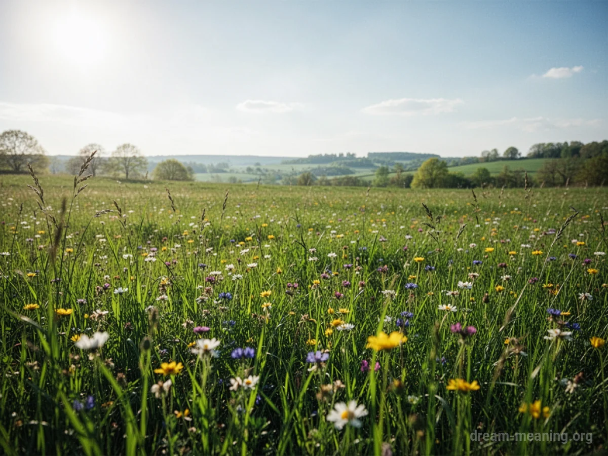 A field of green grass with scattered wildflowers under a sunny sky.