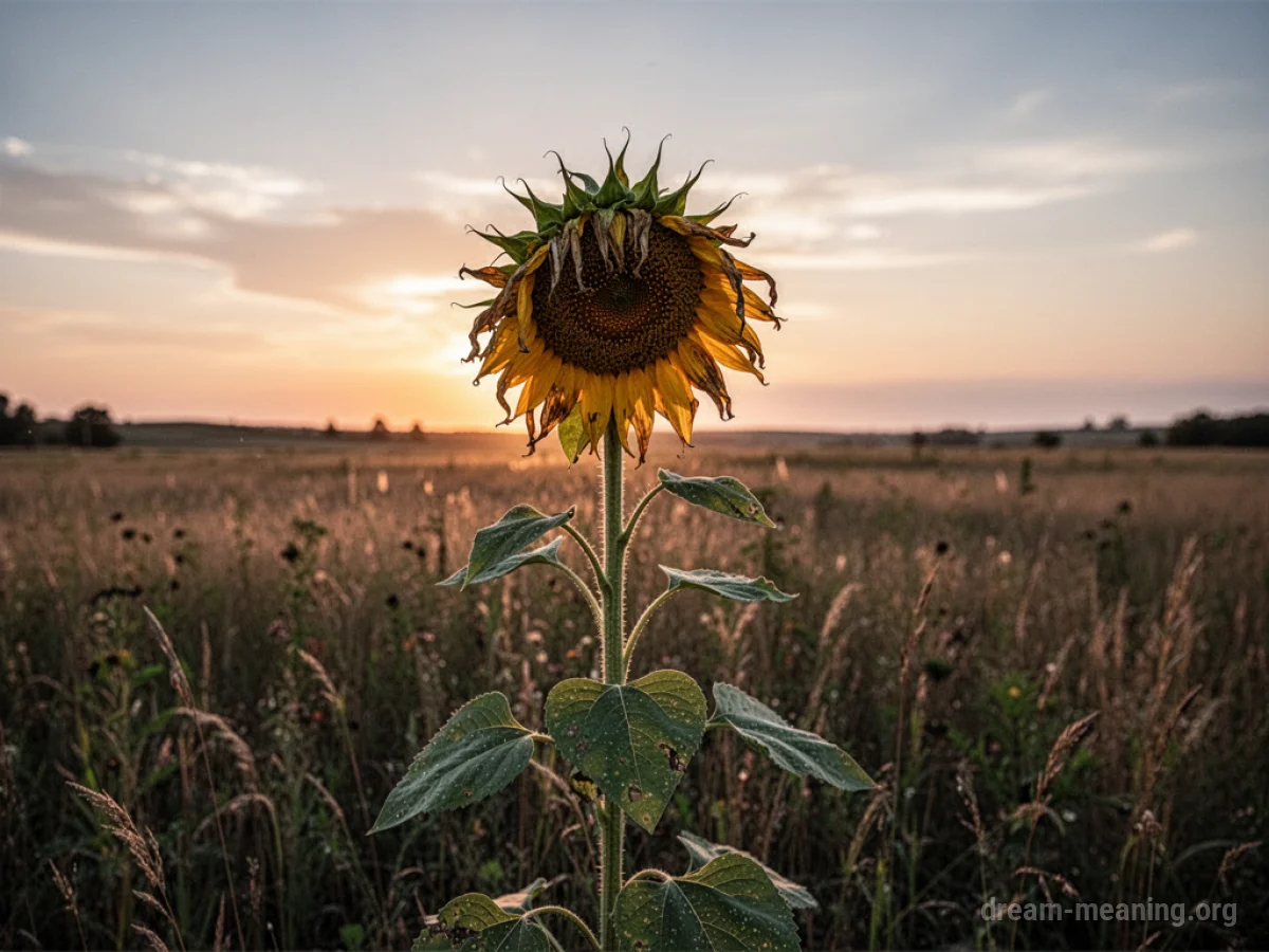 A lone, wilting sunflower at sunset.