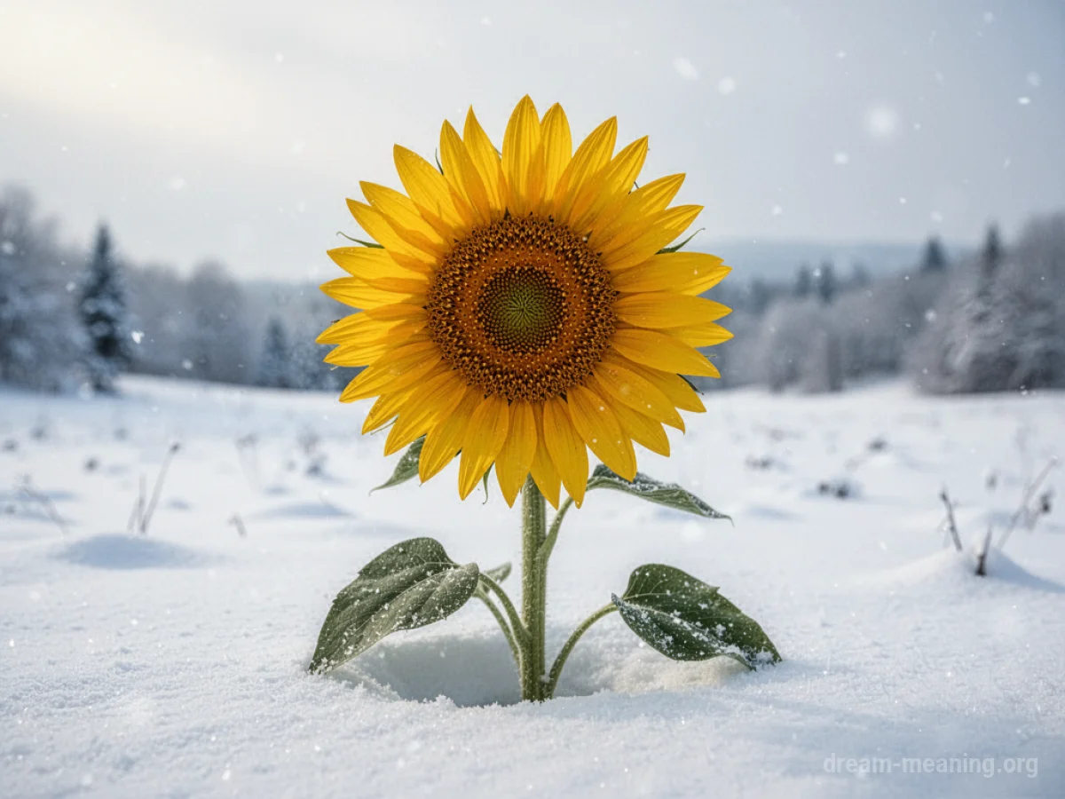 A single yellow sunflower blooming in a field covered in snow.