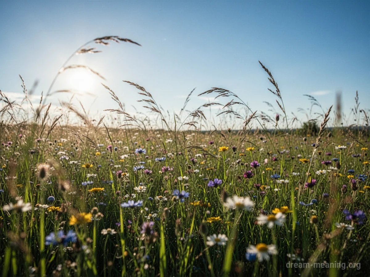 A wide field of colorful wildflowers under a bright blue sky.