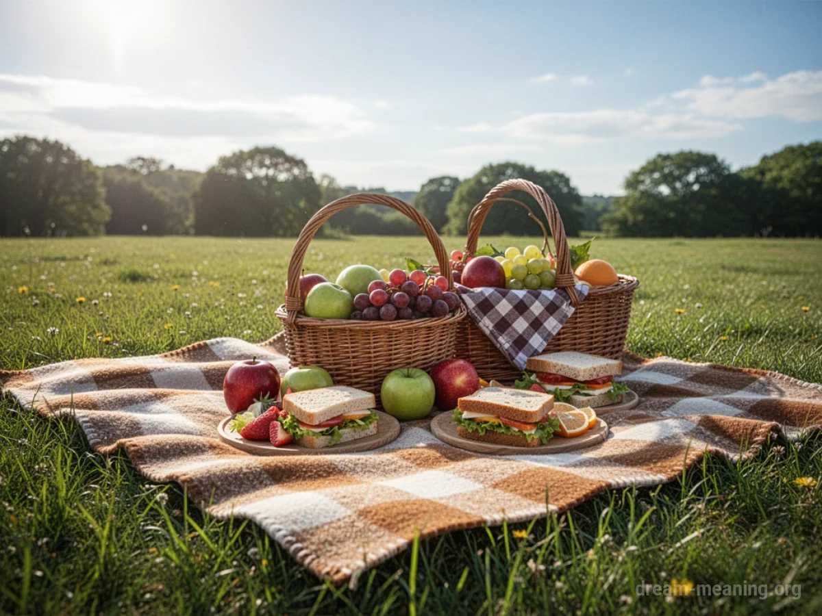 A checkered picnic blanket with food laid out on it in a sunny park.