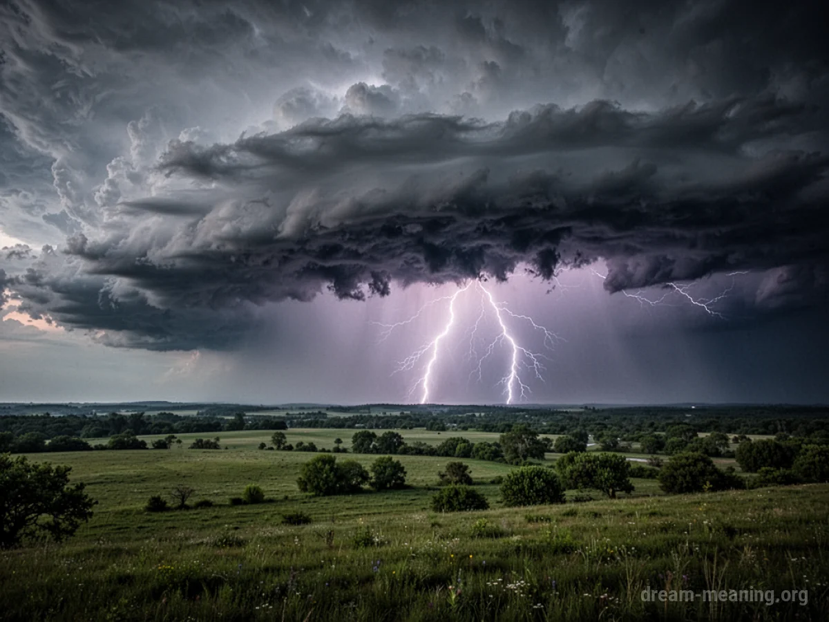 A dark storm cloud with a lightning strike over a field.