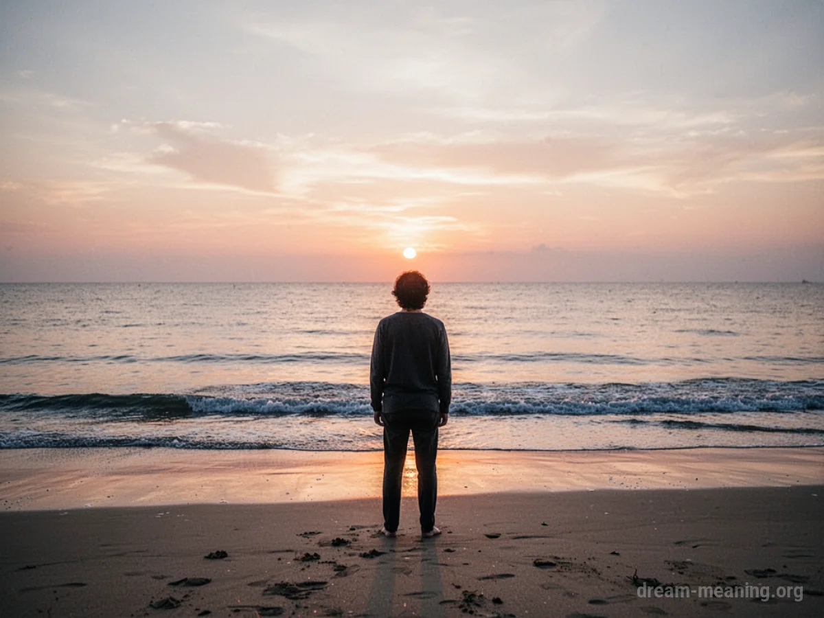 A person stands on a sandy beach facing a distant ocean as the sun sets.