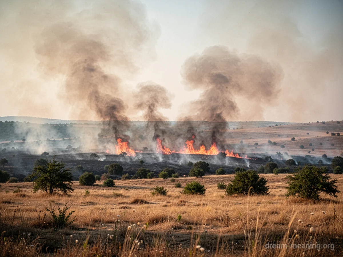 A distant wildfire burning across a dry, summery landscape with smoke rising into the sky.