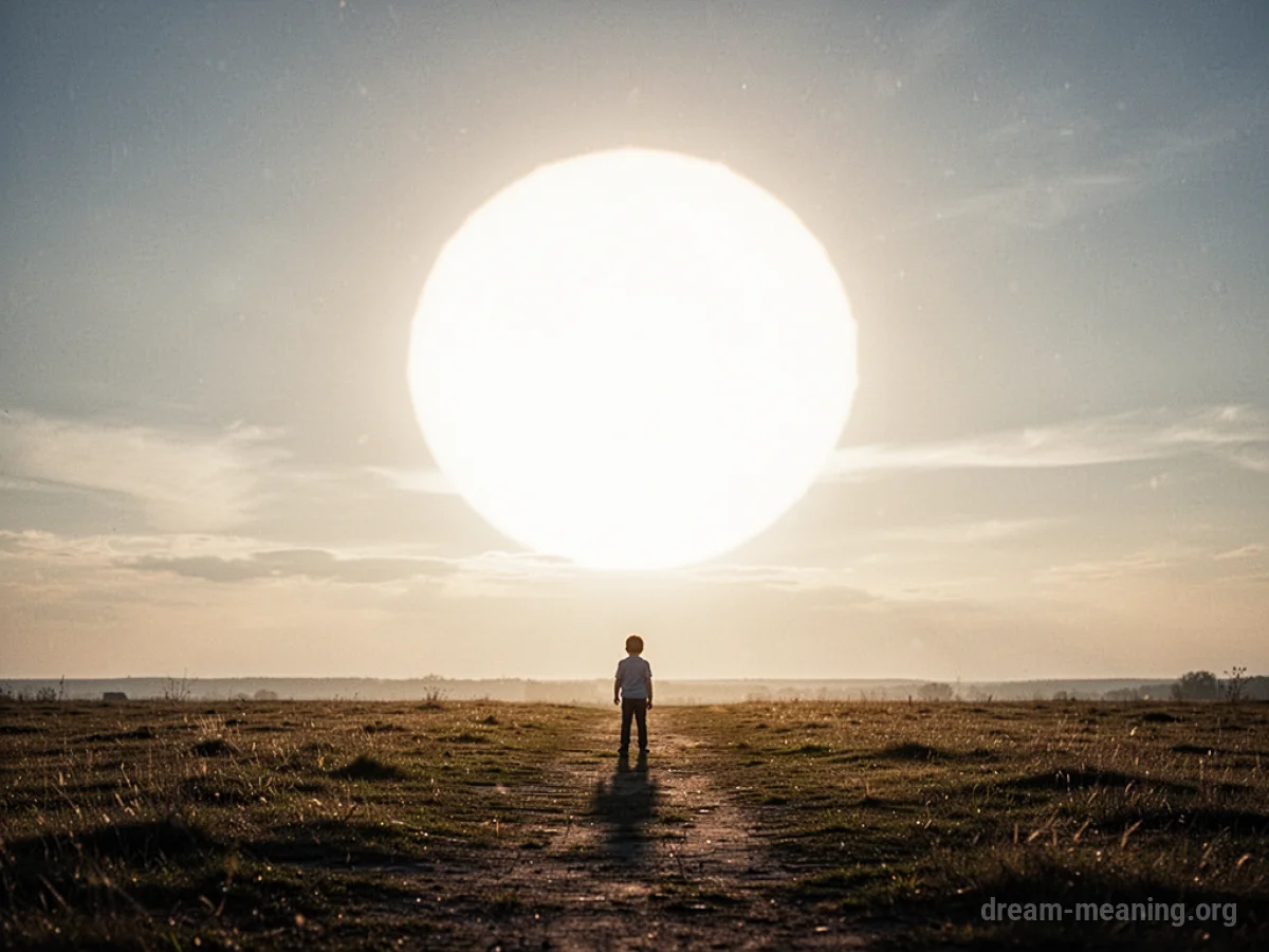 A large sun in the sky moving towards a small silhouette figure.