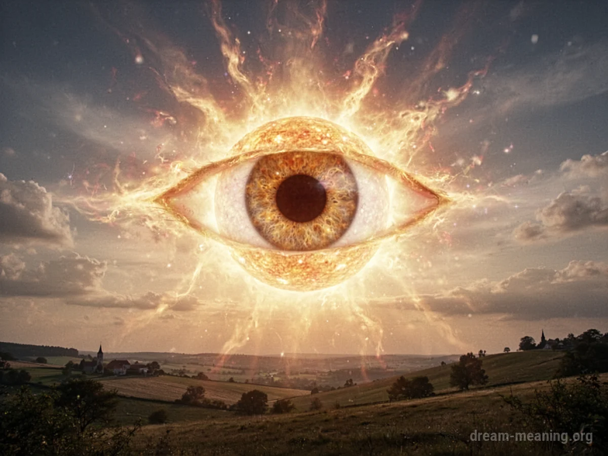 A large sun in the sky with an eye-like appearance.