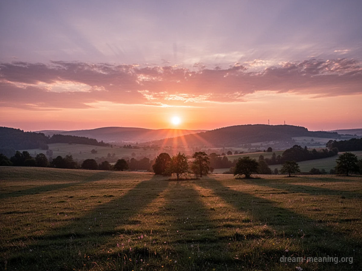 The sun setting over a landscape, casting long shadows.