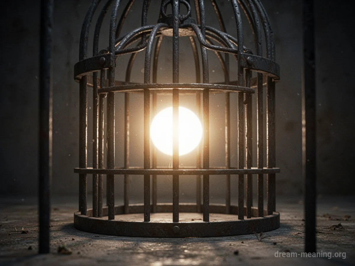 A bright sun enclosed within the bars of a cage.