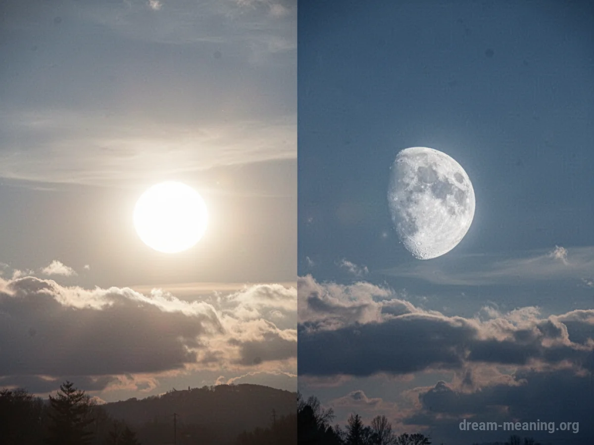 A celestial scene showing the sun morphing into the moon in the sky.