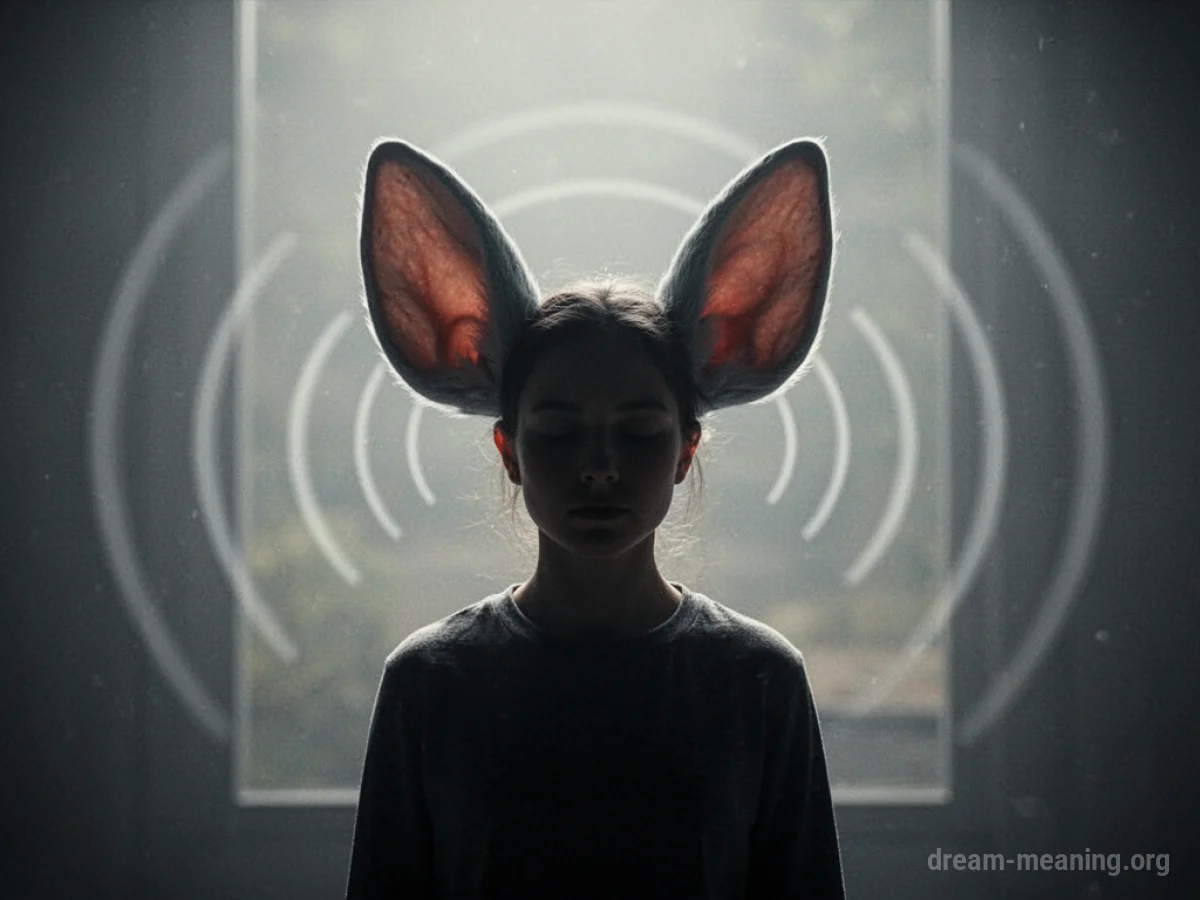Silhouette of a person with oversized ears in a dimly lit environment with subtle sound waves.