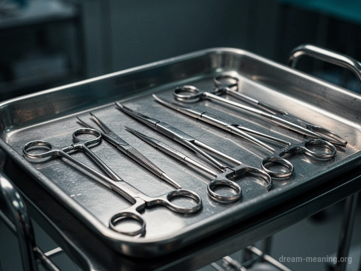 A collection of sterile surgical instruments laid out on a tray.