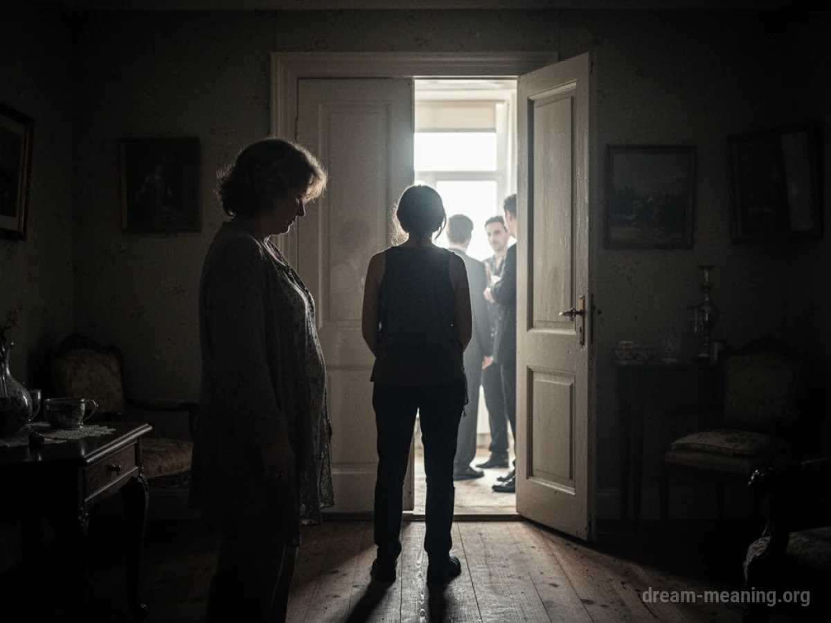 A person hesitates at a slightly open door, with bright light and figures visible inside.