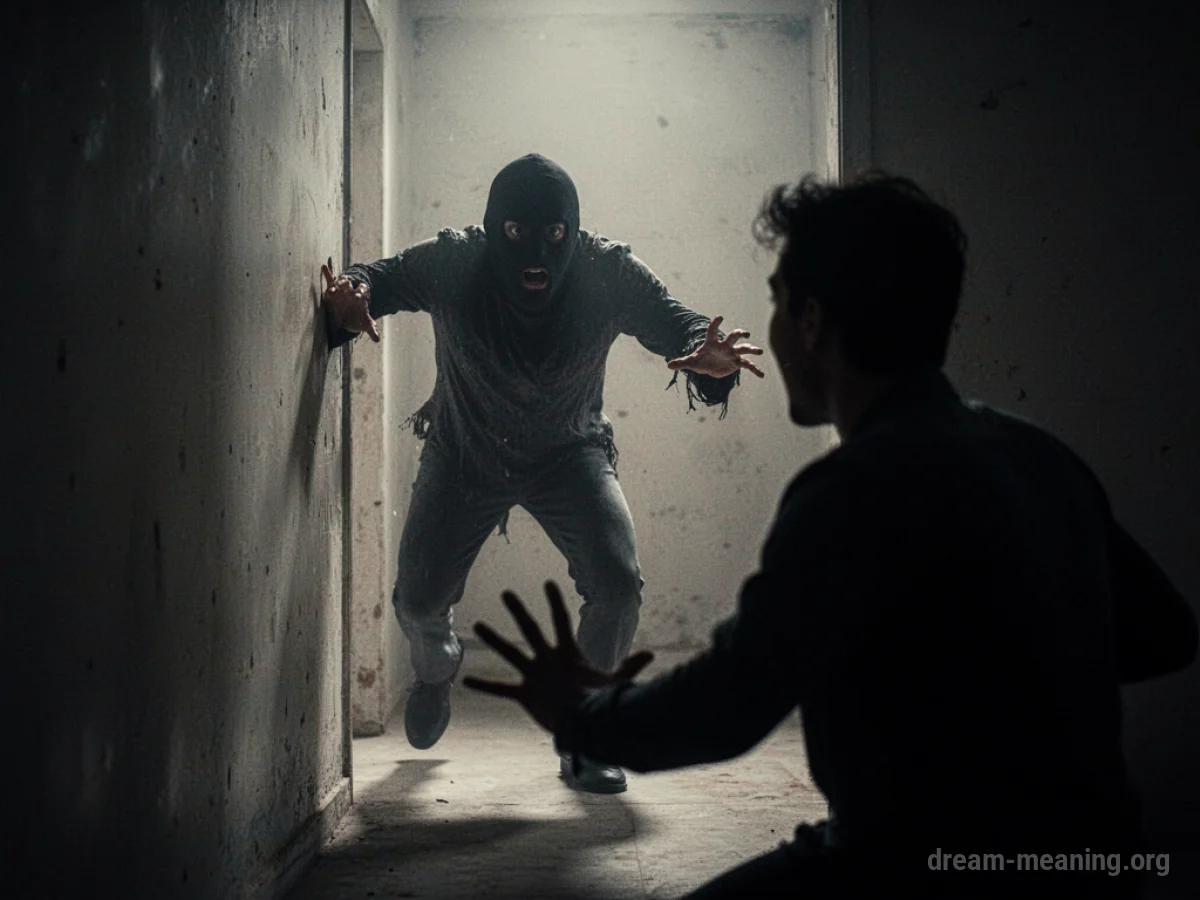 A dark silhouette recoiling as a shadowy figure emerges from behind a wall.