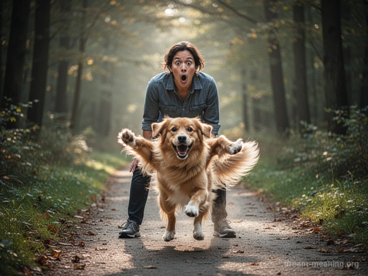 A person's surprised face as a dog runs towards them.