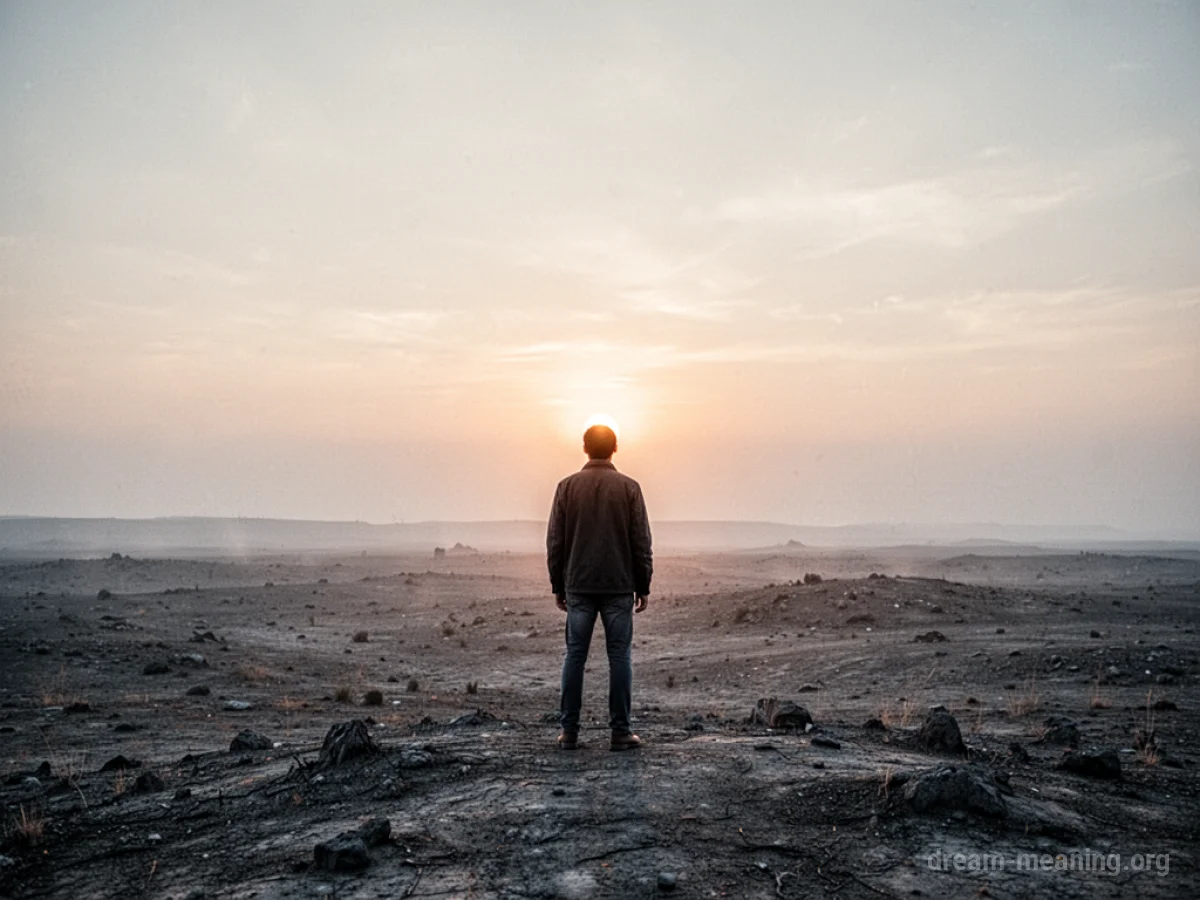 A lone person in a vast, empty landscape facing a faint light on the horizon.