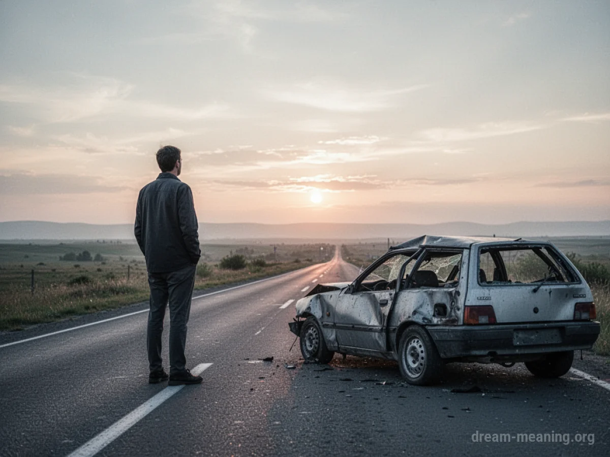 A person standing beside a damaged car on a road.