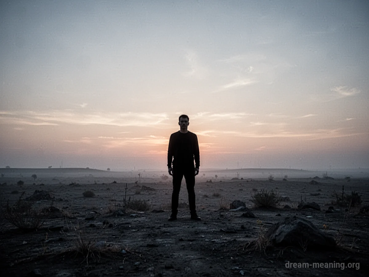 Silhouette of a person standing in a barren landscape with receding shadows in the distance.