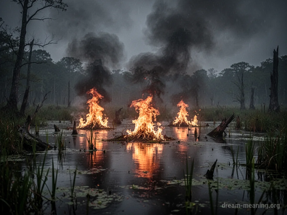 Flames erupting from a swamp with dark smoke above.