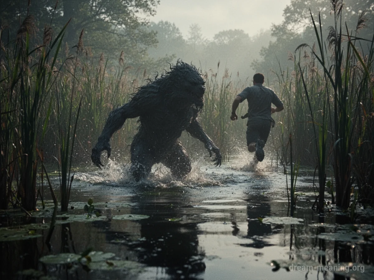 A dark, amorphous shape looms from a dark, misty swamp as a person flees through tall grass.