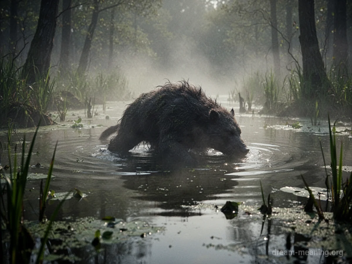 A vague, dark shape emerges from dark, still water in a misty swamp.