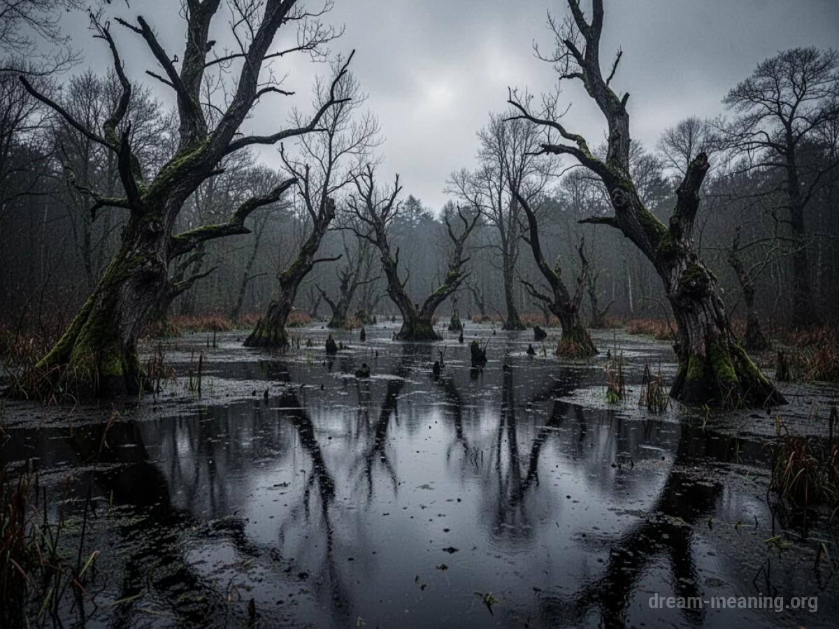 A dark swamp with black water and bare trees under a cloudy sky.