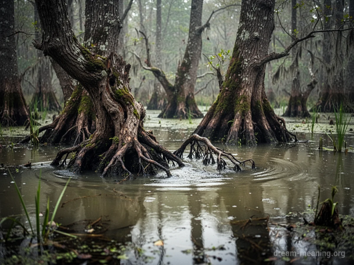 Murky swamp water level rising around tree roots.