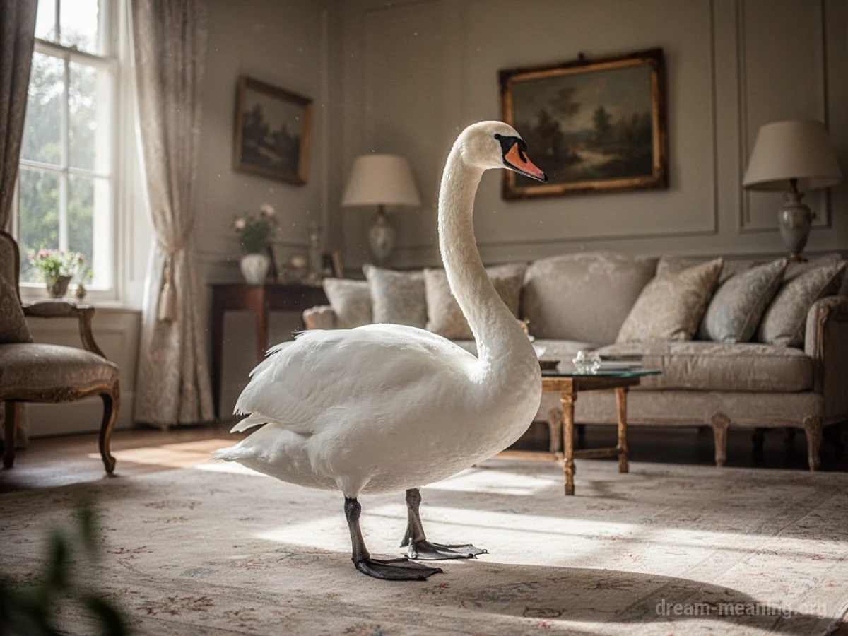 A white swan standing inside a room.