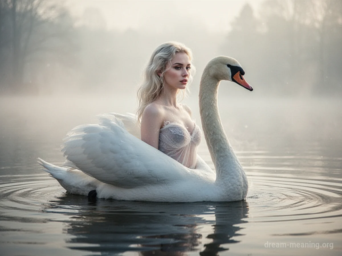 A swan with a human torso and head emerging from its neck, on a body of water.
