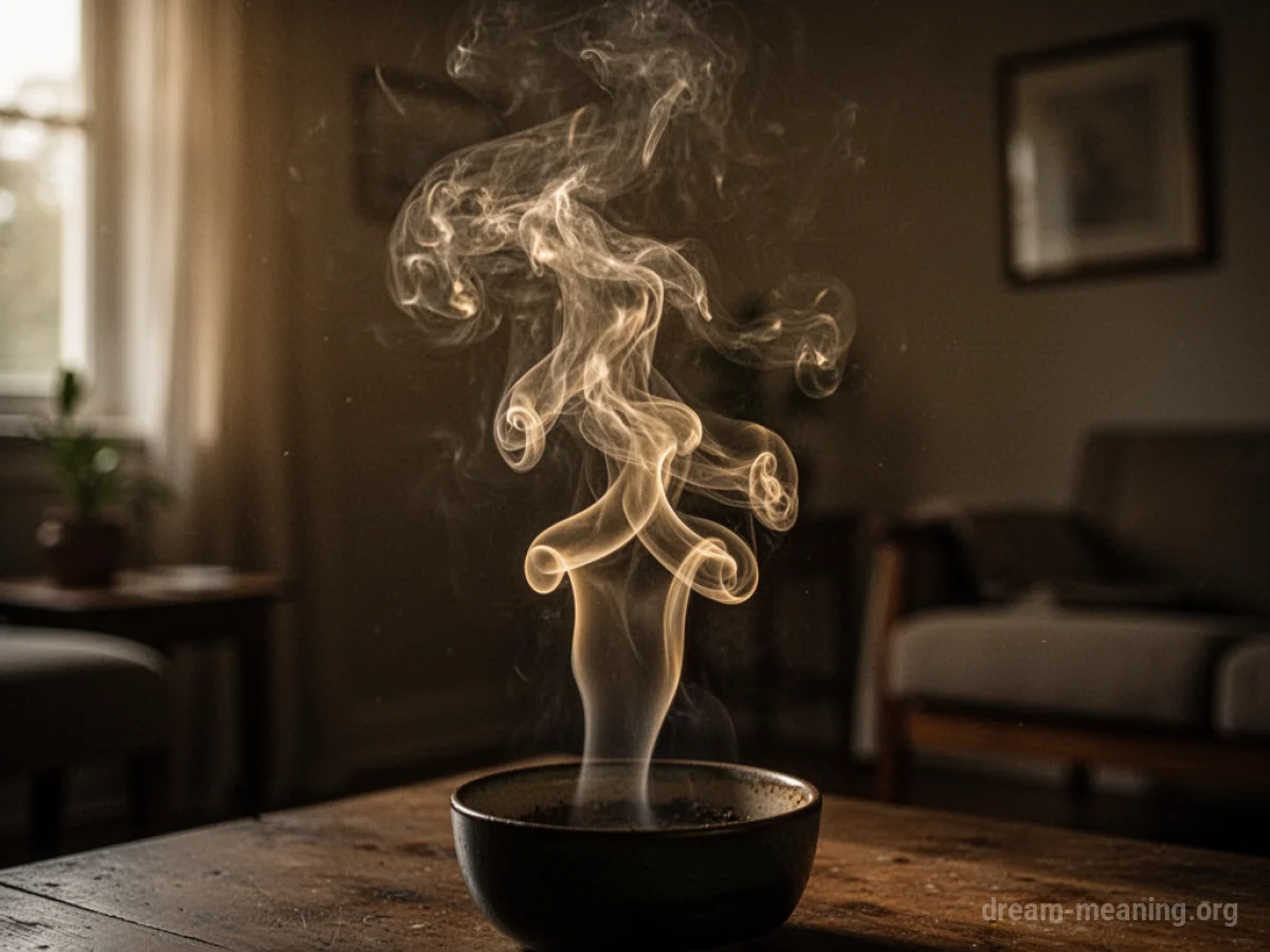 Golden smoke wisps rising in a dim, quiet room.