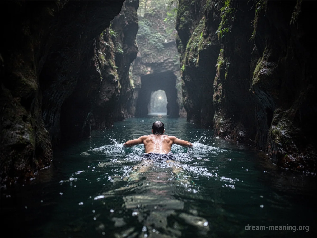 A swimmer moving through a dark cave.