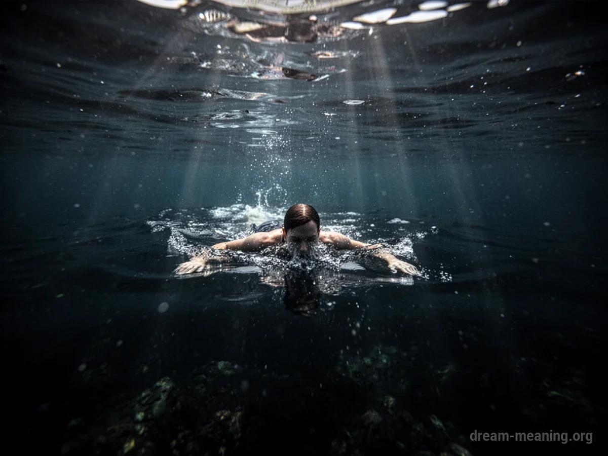 A person swimming in dark, deep water.