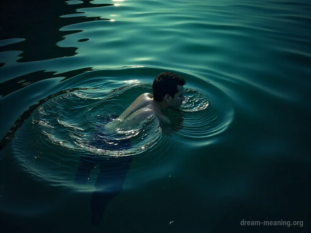 A person struggling to swim in dark, cloudy water.