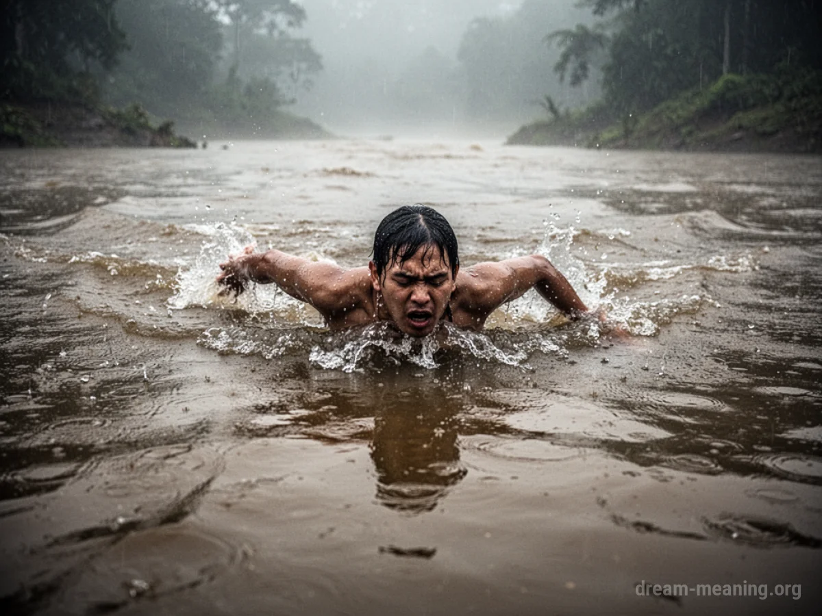 Person swimming through rising floodwaters.