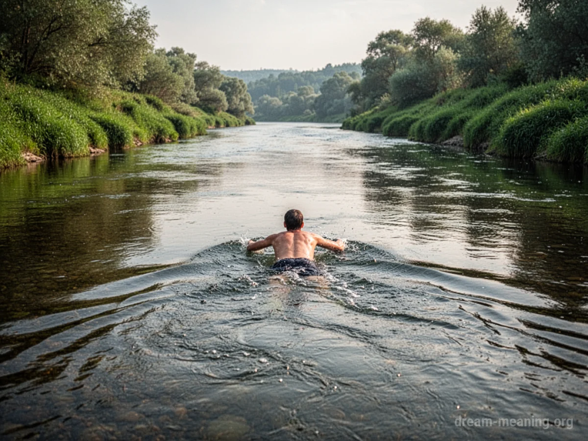 A person swimming along a gentle river.