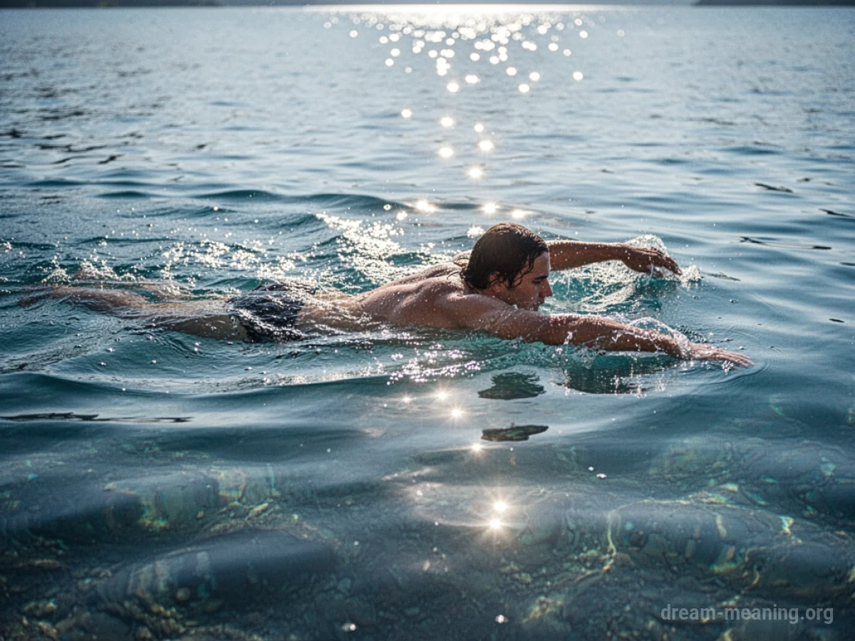 A person swimming in clear blue water.