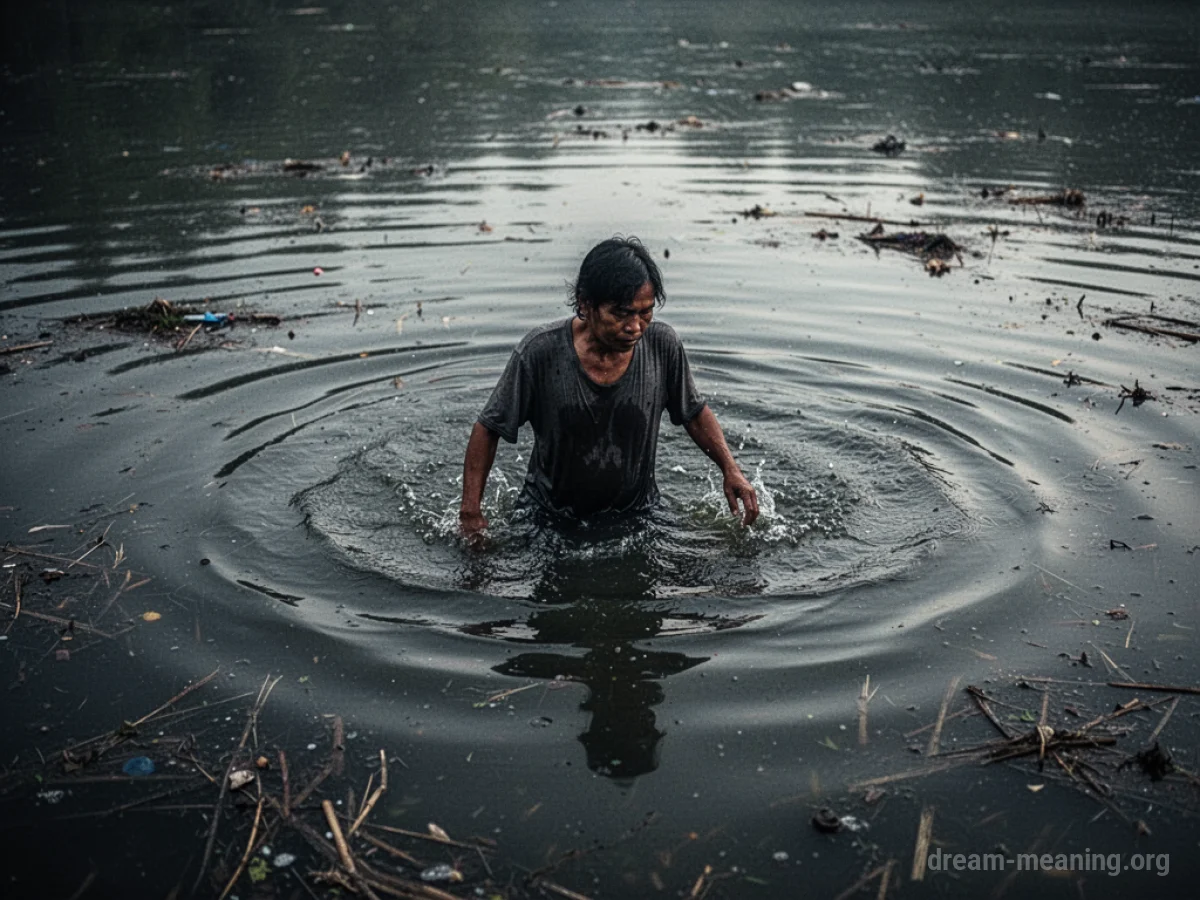 A person standing in dark, murky water with visible debris.