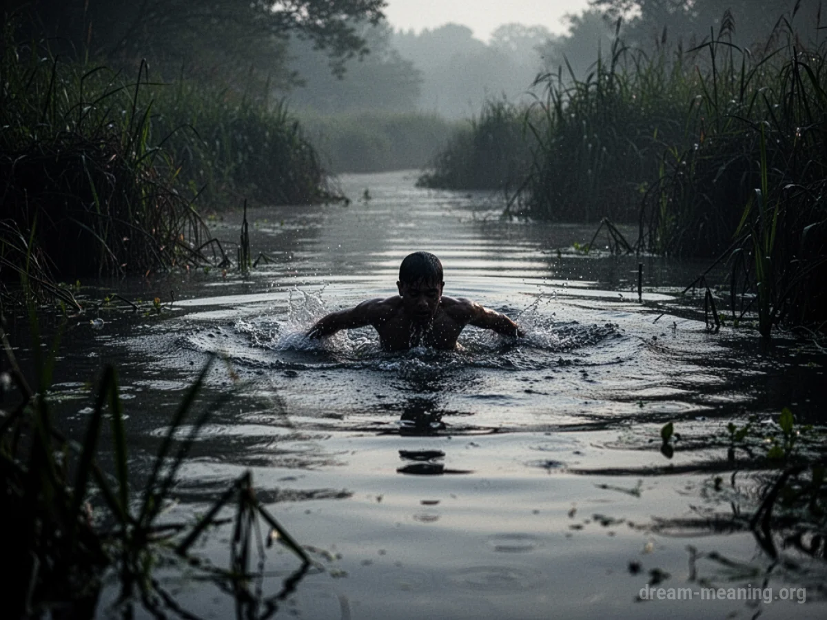 Silhouette of a person swimming with difficulty in dark, murky water.