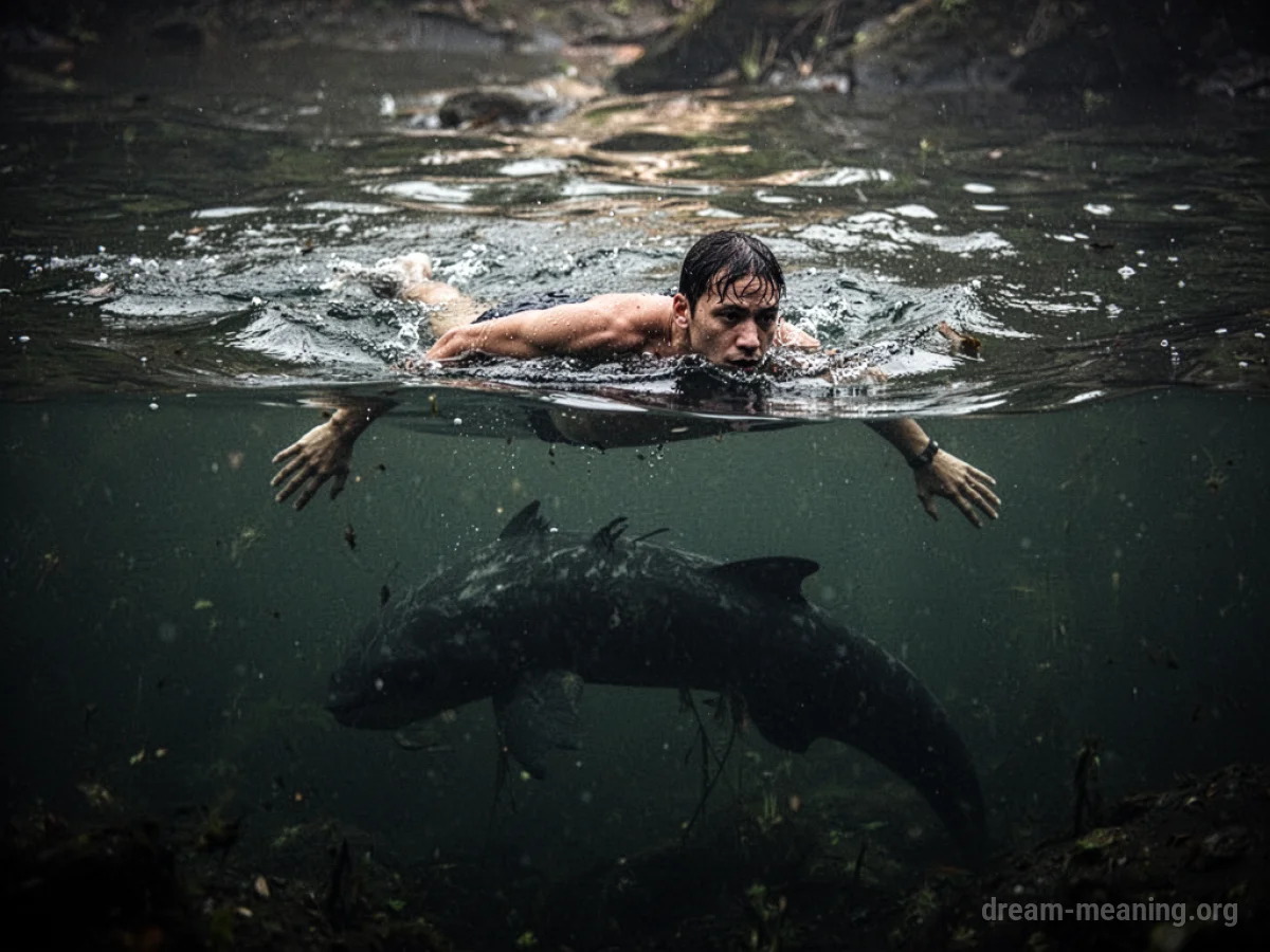 A swimmer in dark water with a submerged form nearby.