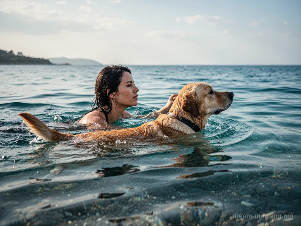 Person and dog swimming side-by-side in calm water.