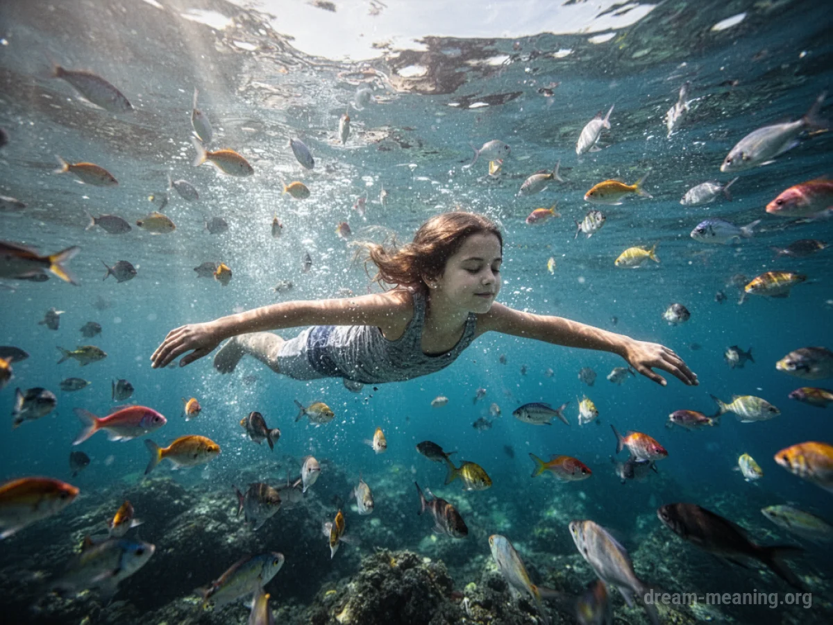 A person swimming in clear water with a school of fish.