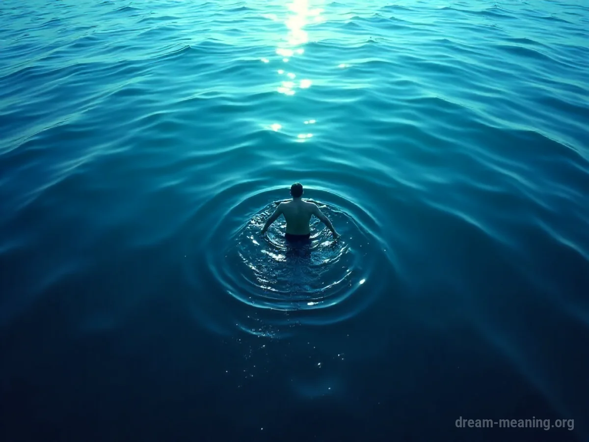 Silhouette of a person swimming in the ocean with a shark shape visible beneath.
