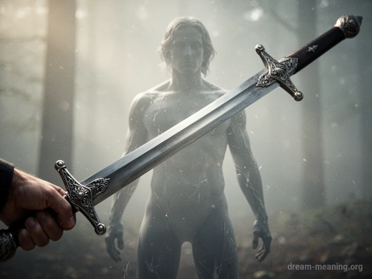 A sharp sword blade cutting a faint human silhouette.