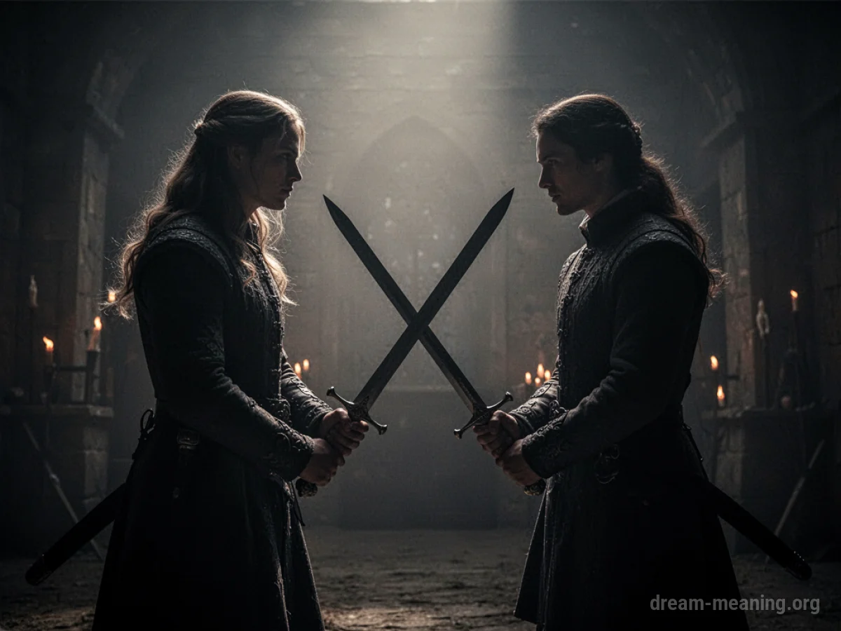 Silhouettes of two people facing off with swords.