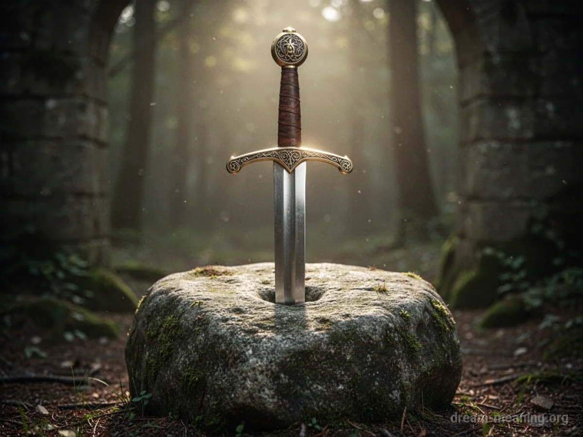 A sword stuck deep within a large stone.