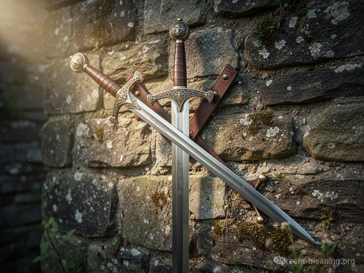 A sword mounted on a stone wall.