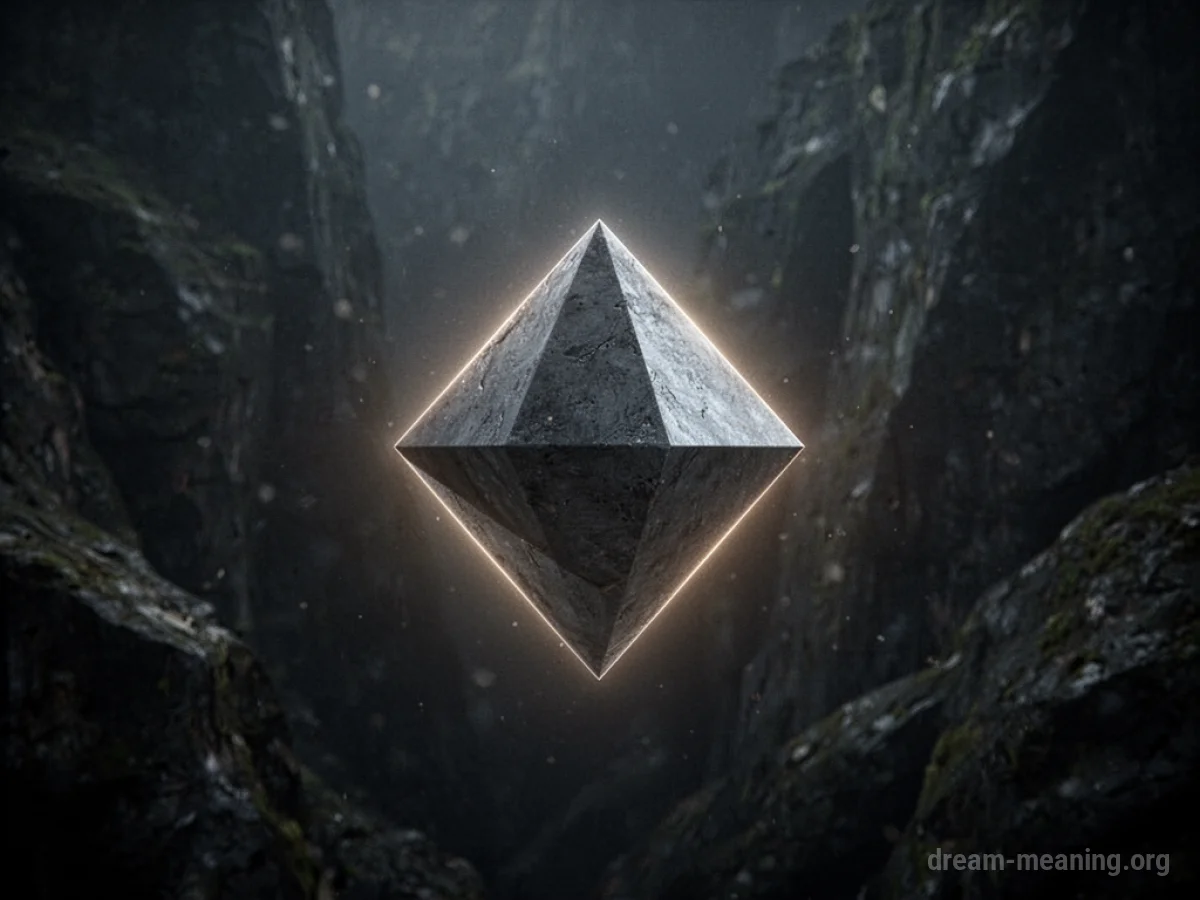 An abstract geometric shape glowing faintly in the center of a dark space.